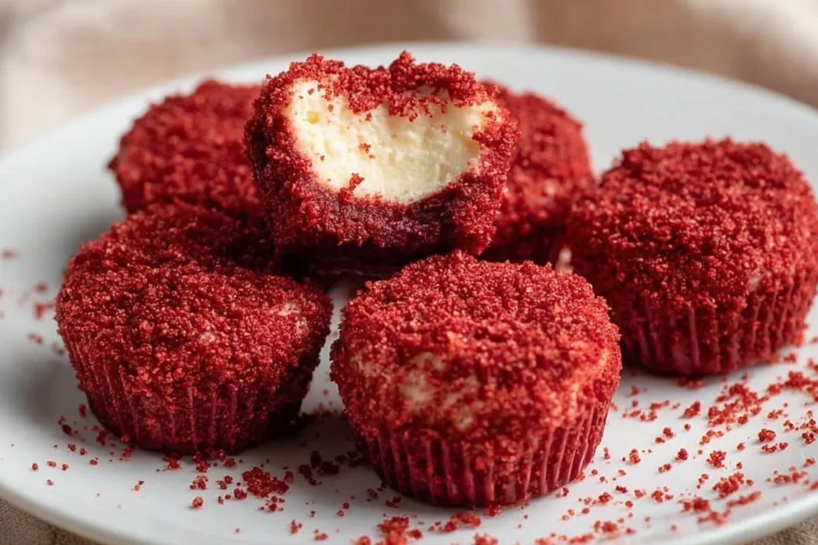Red velvet cheesecake bites on a plate with cream cheese frosting