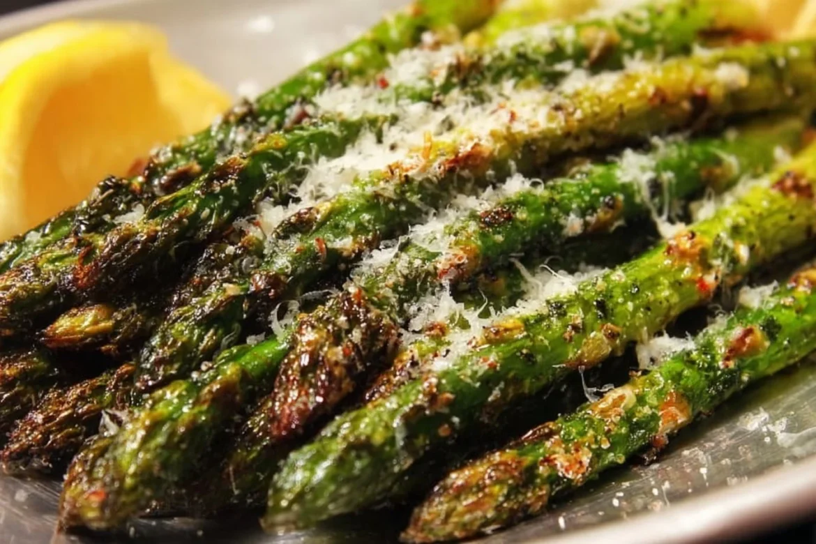 Plate of roasted asparagus topped with grated Parmesan cheese