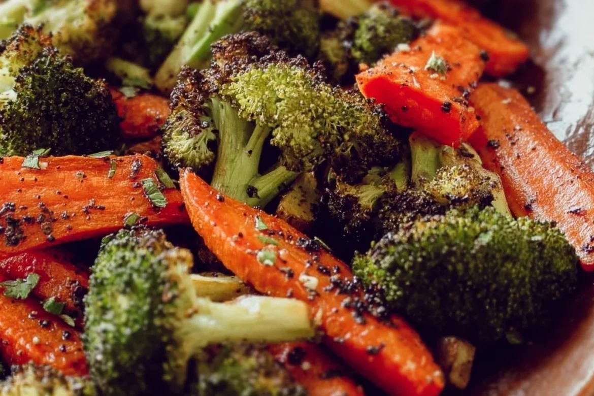 Bowl of roasted broccoli and carrots served as a healthy side dish