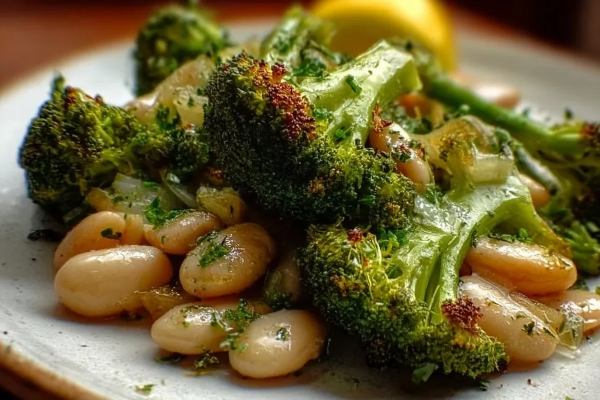 Plate of roasted broccoli and white beans served as a healthy meal