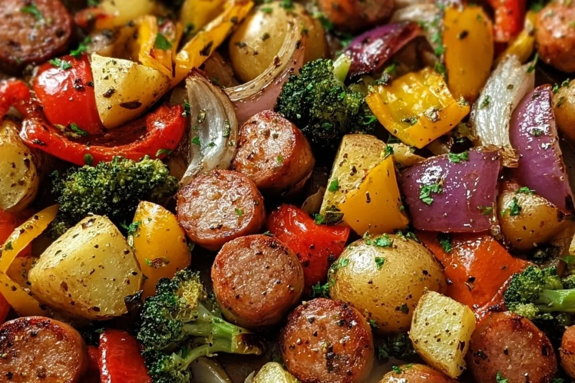 Roasted veggie chicken sausage sheet dish with colorful vegetables and sausages