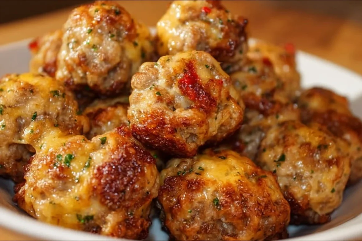 Rotel Cream Cheese Sausage Balls served on a platter