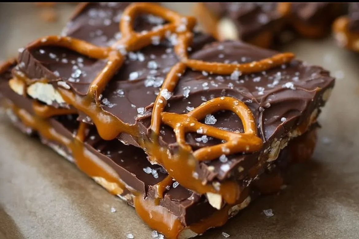 Delicious homemade salted caramel pretzel bark with chocolate and sea salt