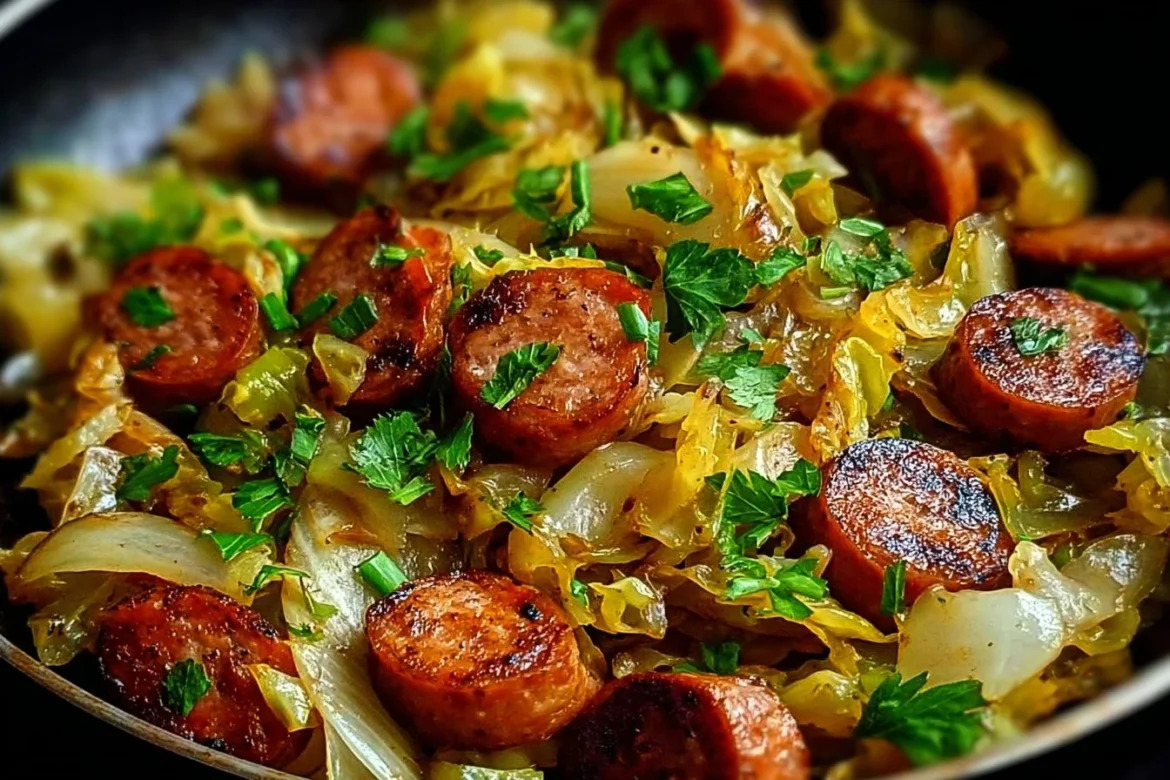 Sausage and Cabbage Stir Fry served in a bowl with colorful vegetables