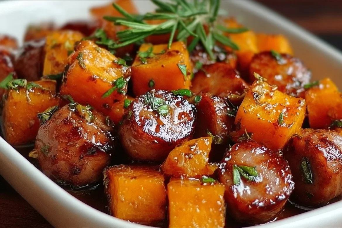 Sausage and sweet potatoes with honey garlic sauce served in a bowl