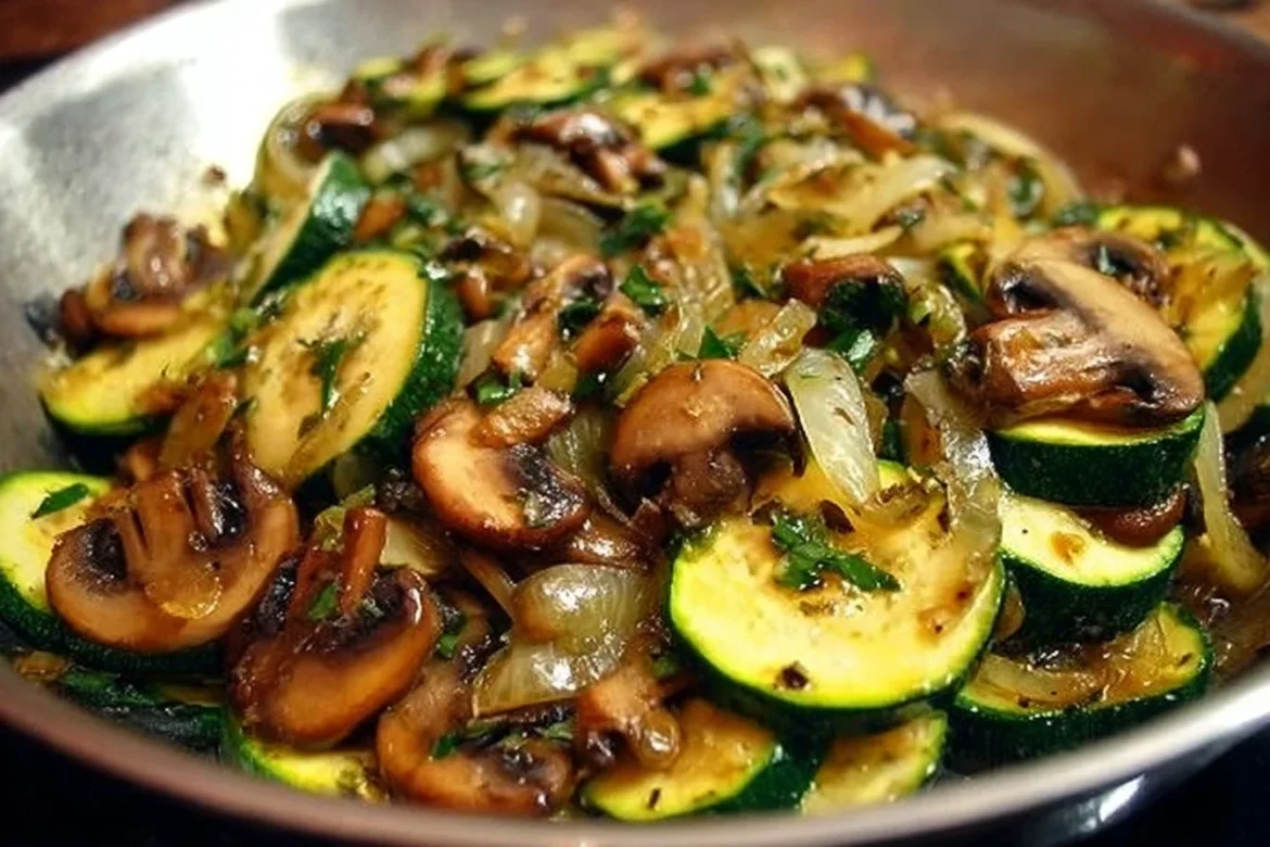 Sautéed zucchini with mushrooms and onions in a skillet, healthy vegetable side dish.