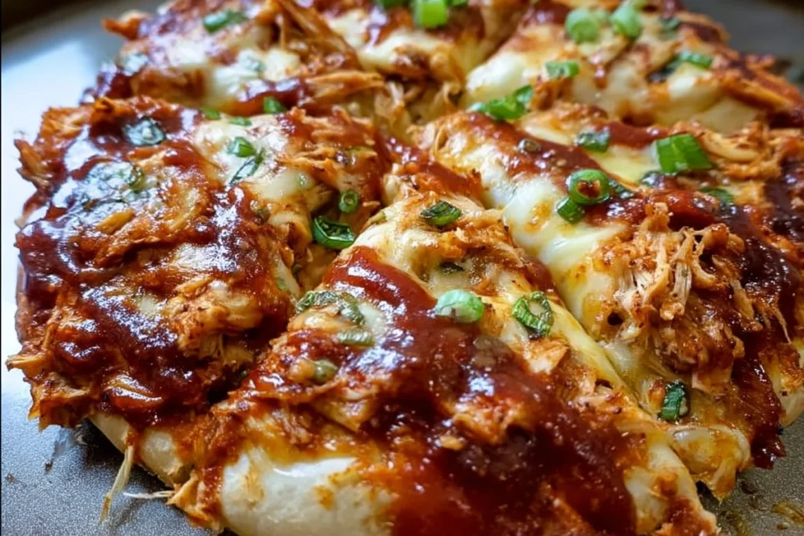 Sheet Pan BBQ Chicken Pizza topped with barbecue sauce, chicken, and cheese