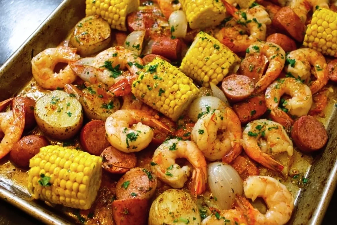 Sheet Pan Shrimp Boil with corn, potatoes, and seasoning on a baking tray