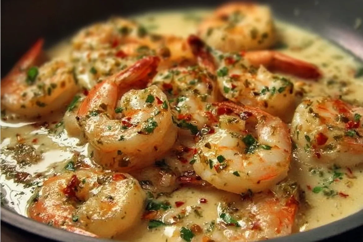 Shrimp cooked in garlic and coconut milk served in a bowl