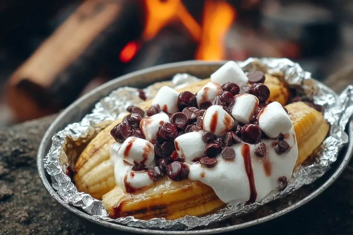 Delicious campfire banana splits with melted toppings
