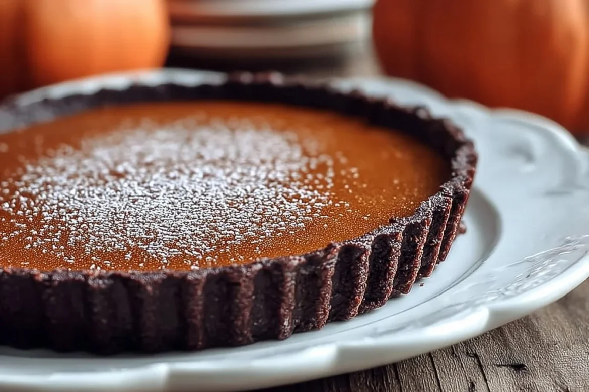Simple dark chocolate pumpkin tart with creamy filling and chocolate crust.