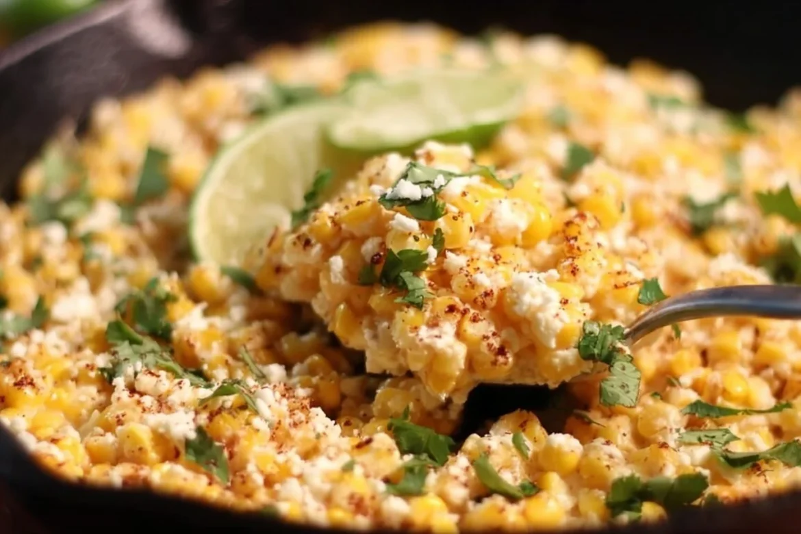 Delicious skillet Mexican street corn served in a bowl with toppings.