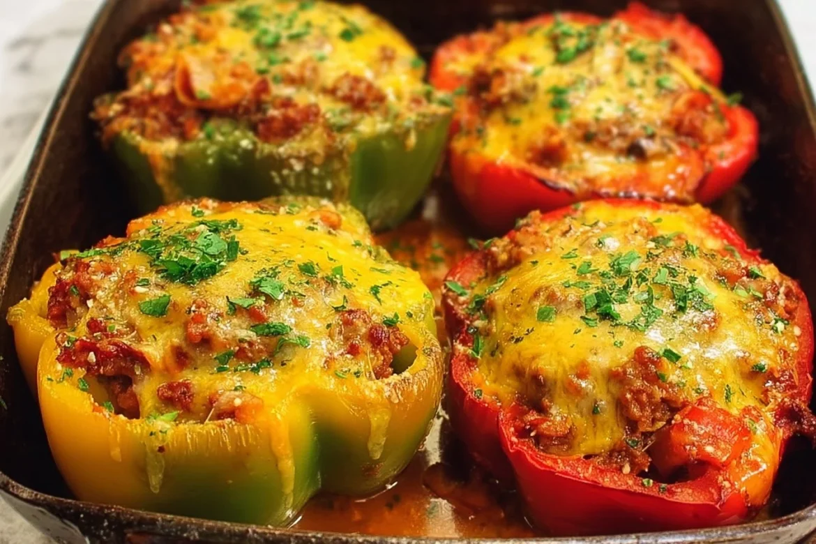 Sloppy Joe Stuffed Peppers with ground beef, vegetables, and cheese melted on top