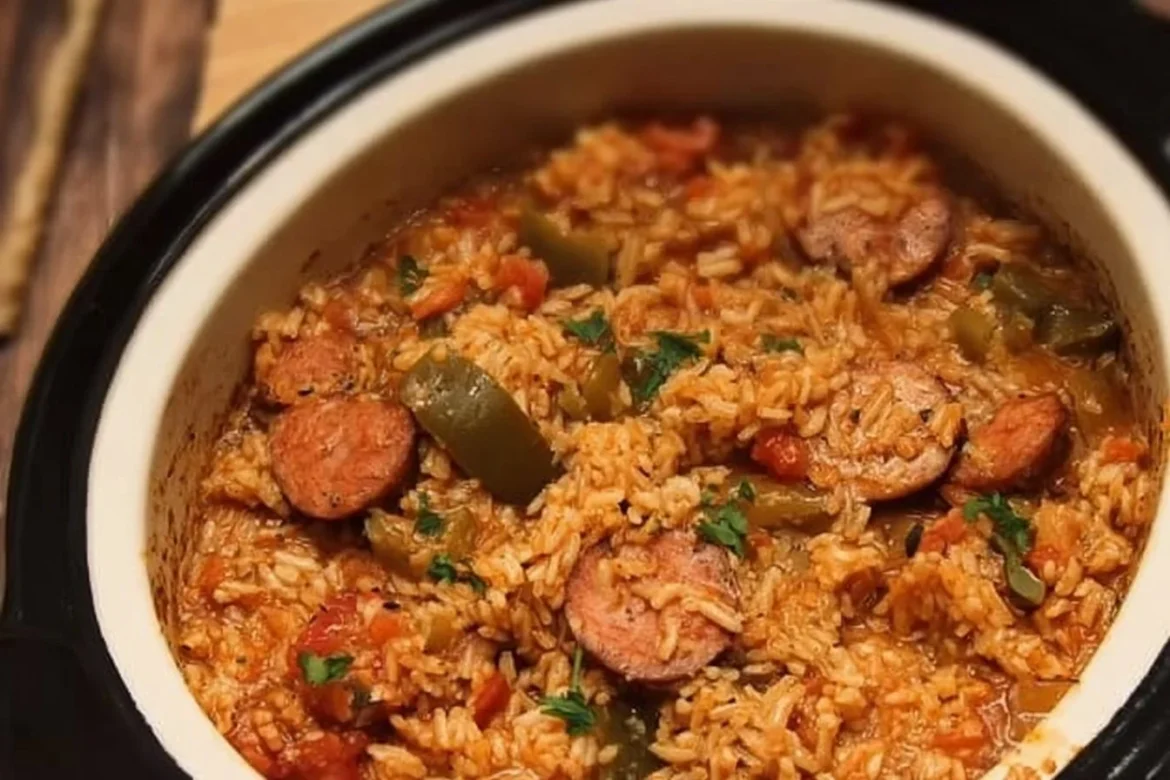 Delicious Slow Cooker Chicken Jambalaya served in a bowl with colorful ingredients.