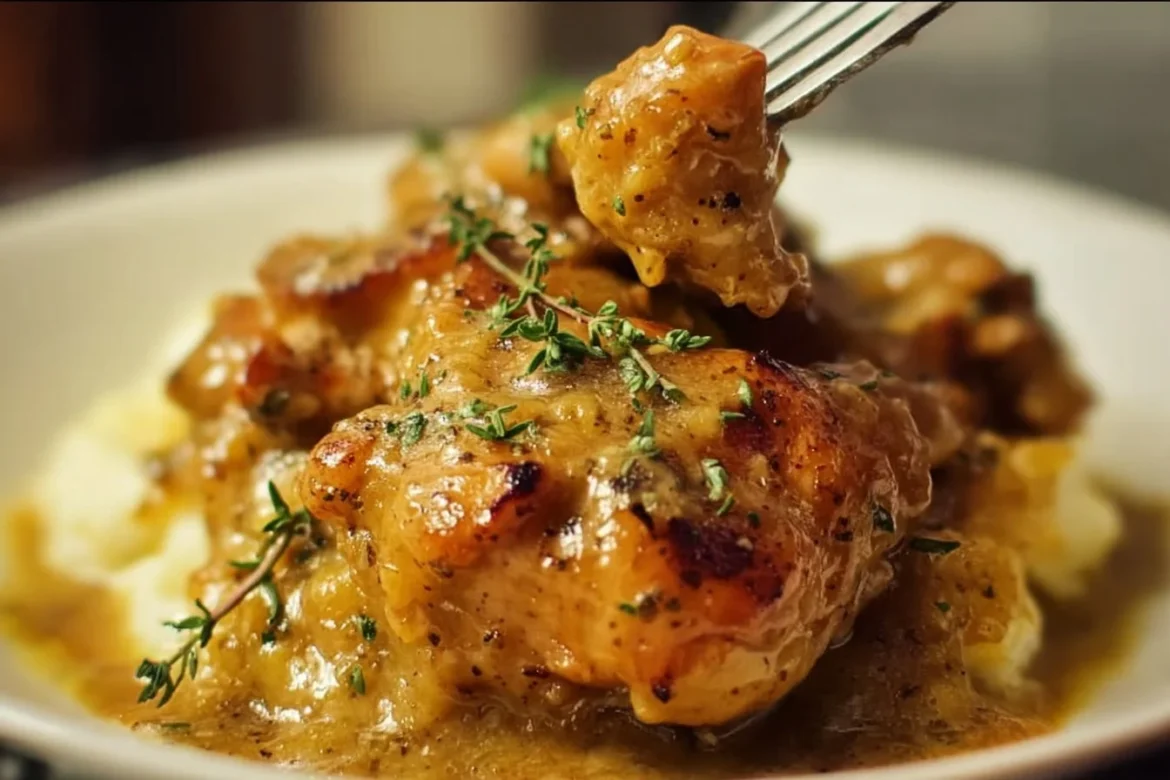 Slow cooker honey mustard chicken served with vegetables on a plate.