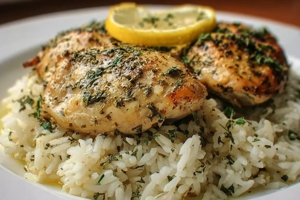 Slow Cooker Lemon Herb Chicken with Rice served in a bowl