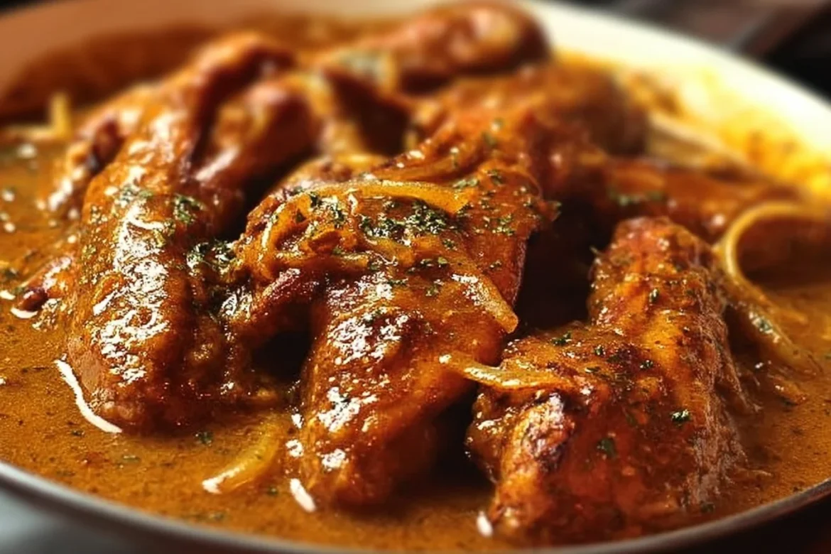 Smothered turkey wings served with rich gravy on a plate