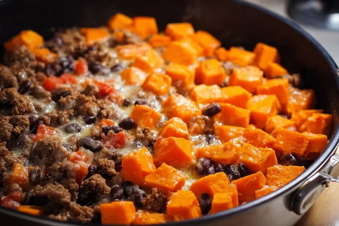 Southwestern ground beef sweet potato skillet in a cast iron pan