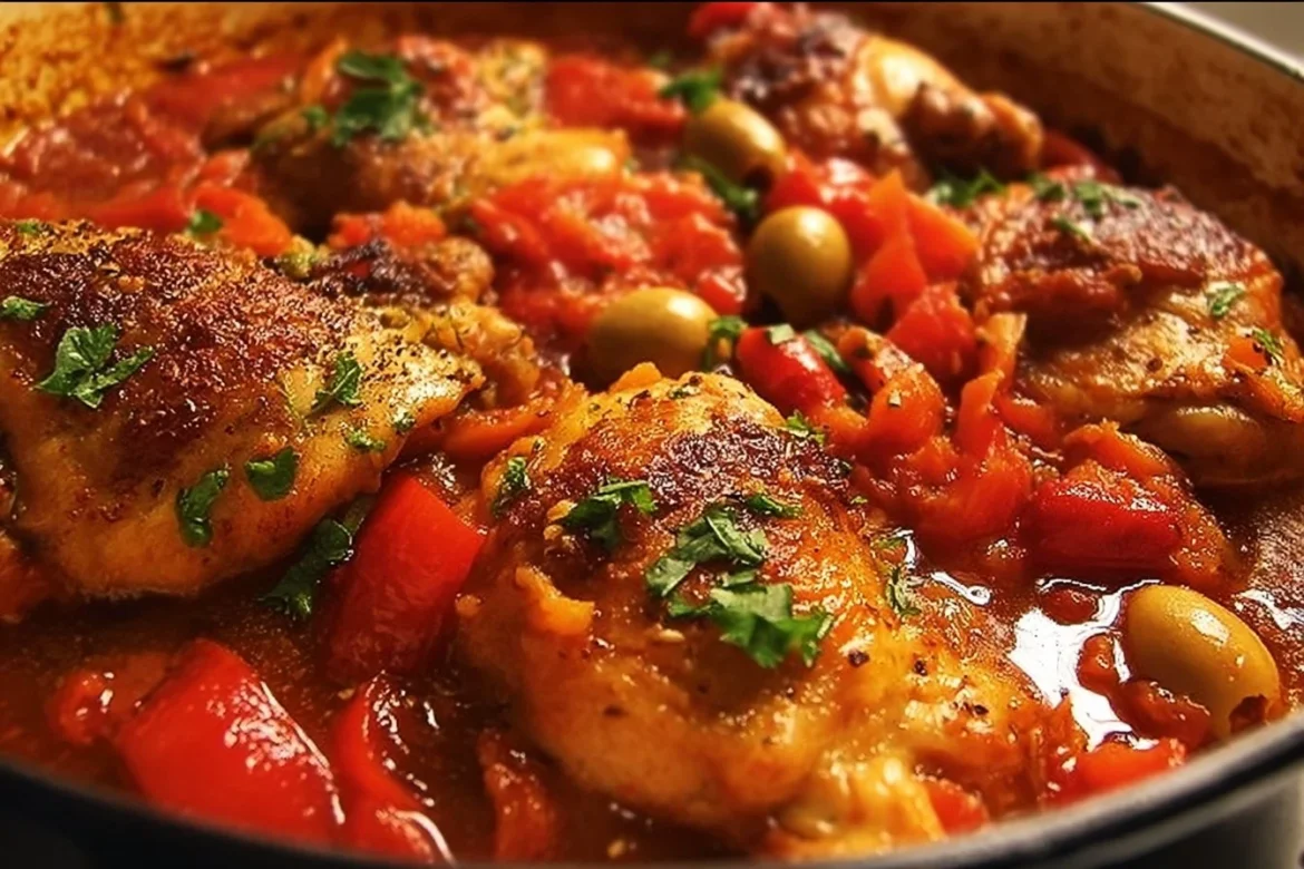 Plate of flavorful Spanish Chicken garnished with herbs and served with rice.