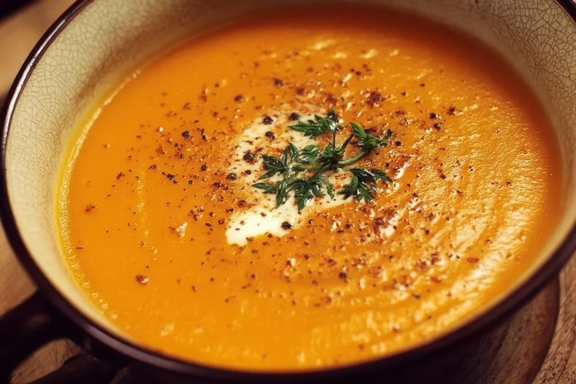 Bowl of spiced carrot and apple soup garnished with fresh herbs
