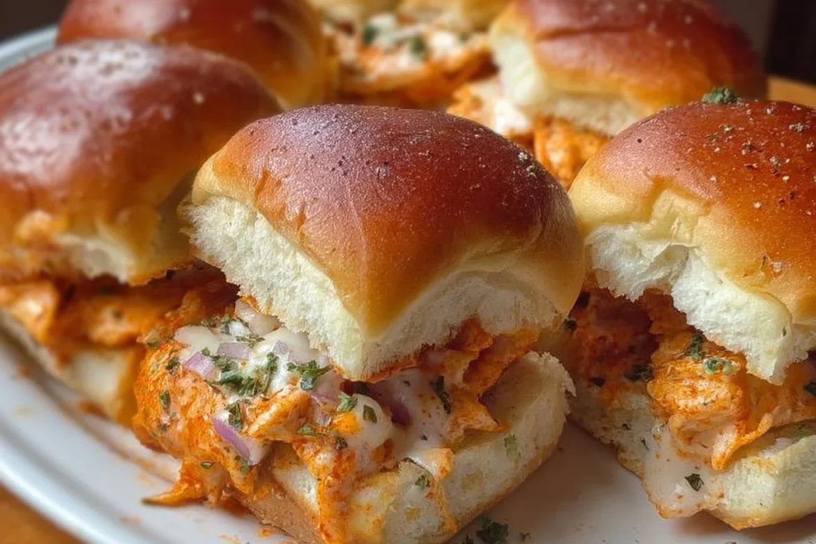 Delicious spicy buffalo chicken sliders served on a platter