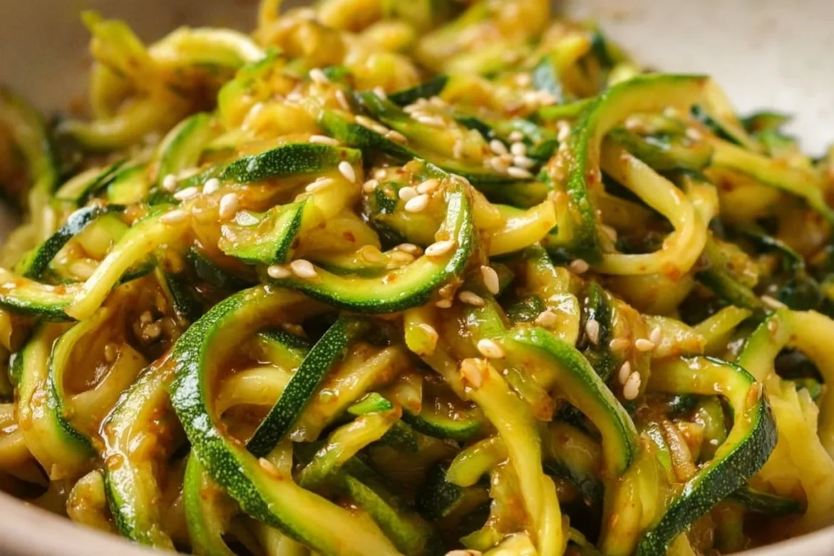 A plate of spicy garlic Chinese zucchini noodles garnished with herbs