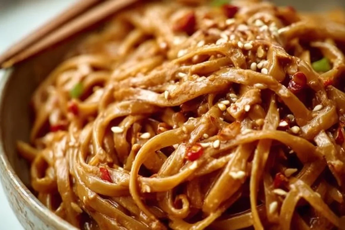 Bowl of spicy peanut butter noodles topped with fresh herbs and vegetables