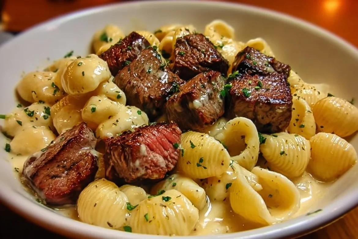 Steak Bites served with shell pasta in garlic butter Alfredo sauce