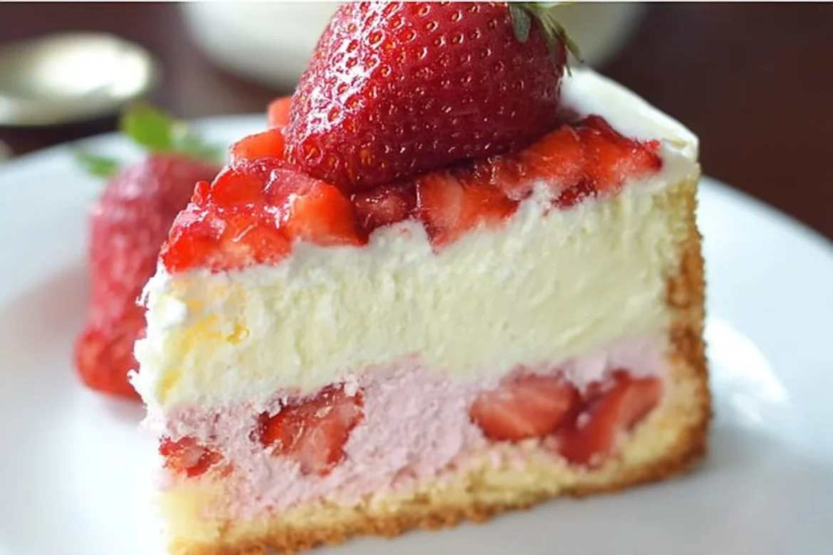 Delicious strawberries and cream cheesecake cake topped with fresh strawberries.