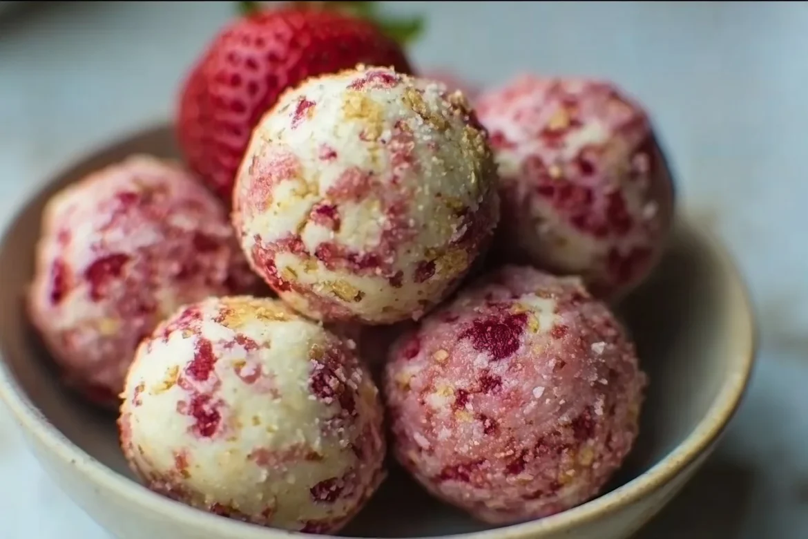 Strawberry cheesecake protein balls on a plate, a healthy dessert option