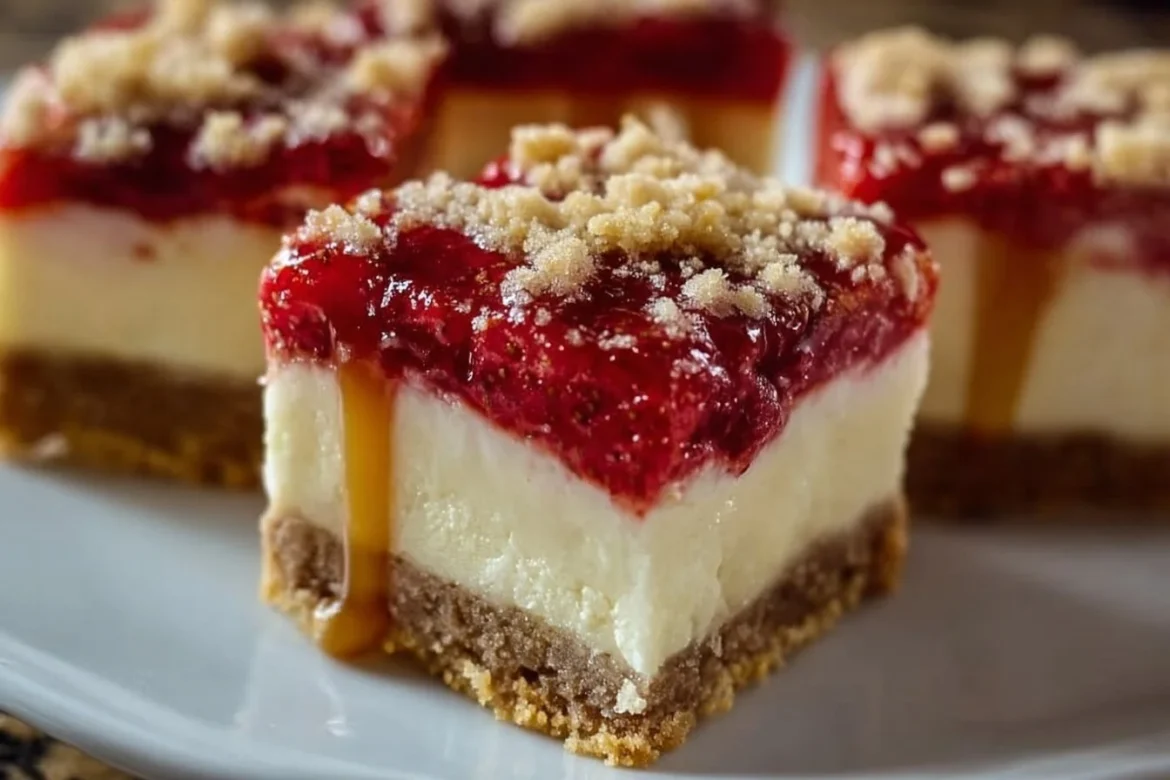 Delicious Strawberry Crunch Cheesecake Bars on a plate, topped with crunchy crumbs.