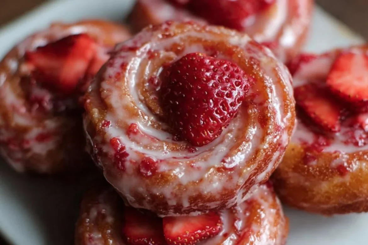 Strawberry glazed French crullers on a plate, beautifully decorated