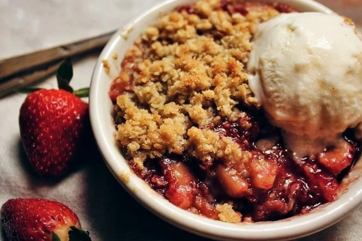 Delicious Strawberry Rhubarb Crisp with a crunchy topping
