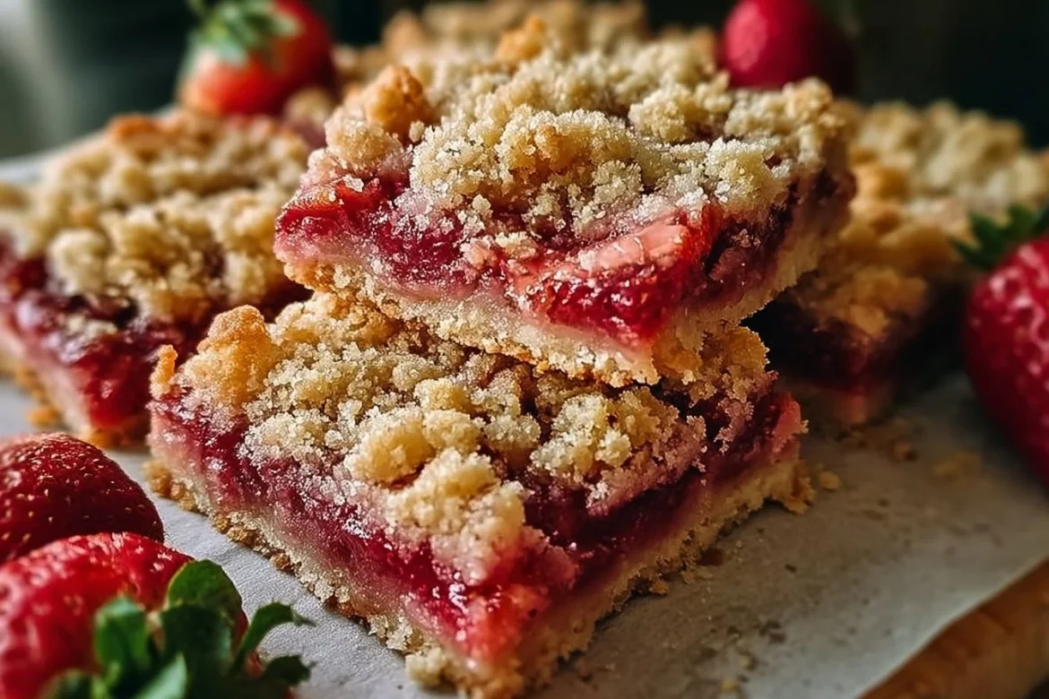 Delicious strawberry rhubarb crumb bars with a golden crumble topping