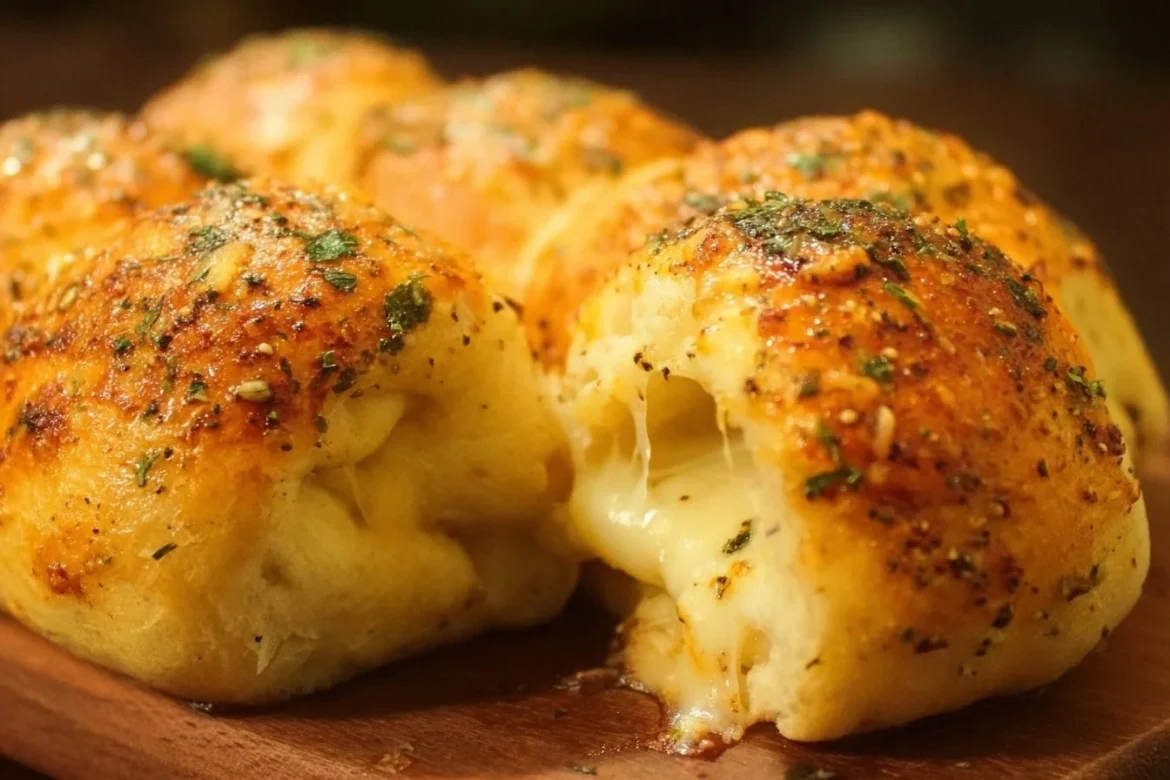 Freshly baked stuffed cheese bread rolls laying on a rustic wooden table