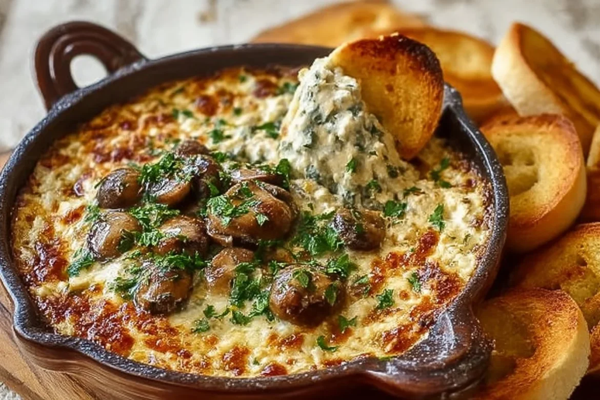 Creamy Stuffed Mushroom Dip served in a bowl with crispy bread for dipping