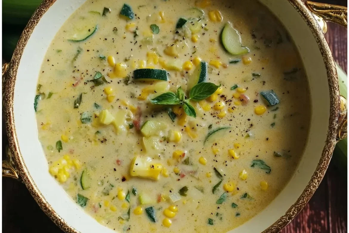 Bowl of creamy Summer Corn and Zucchini Chowder with fresh ingredients