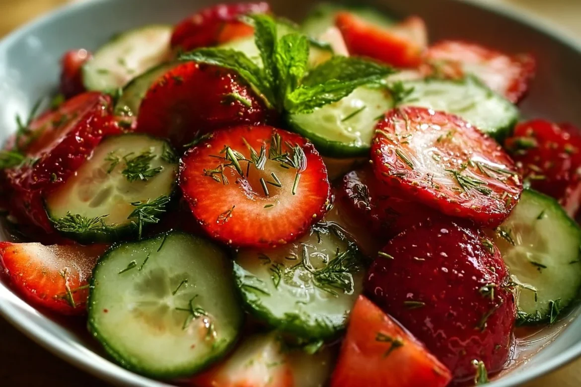 Fresh summer strawberry cucumber salad in a bowl with vibrant colors.