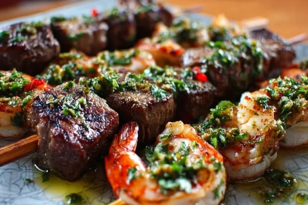 Delicious surf and Turk Kebabs served with chimichurri sauce