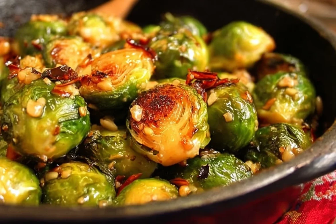Delicious Sweet Chili Roasted Brussels Sprouts on a serving plate