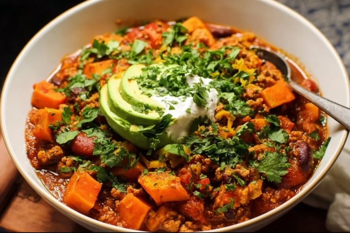 Bowl of sweet potato turkey chili garnished with fresh herbs