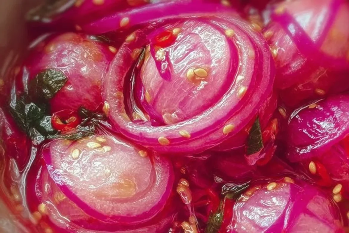 Tangy Asian pickled onions in a glass jar with spices and aromatics