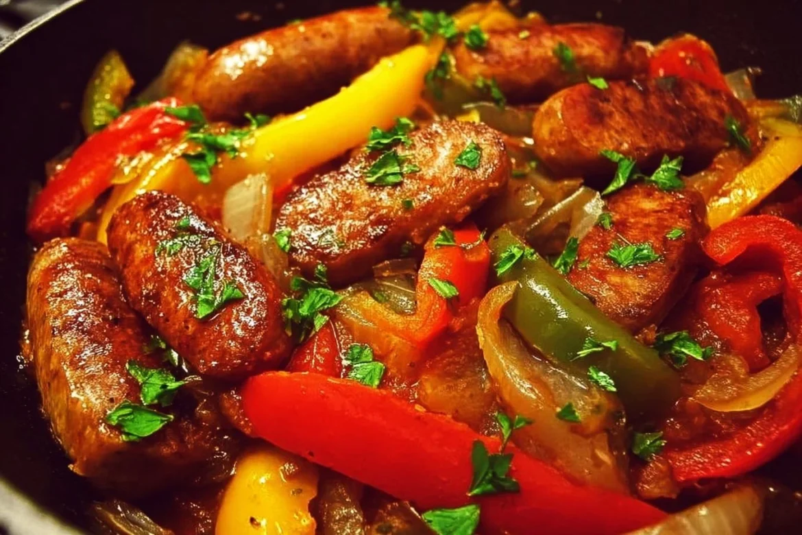Tasty crockpot sausage and peppers served in a bowl