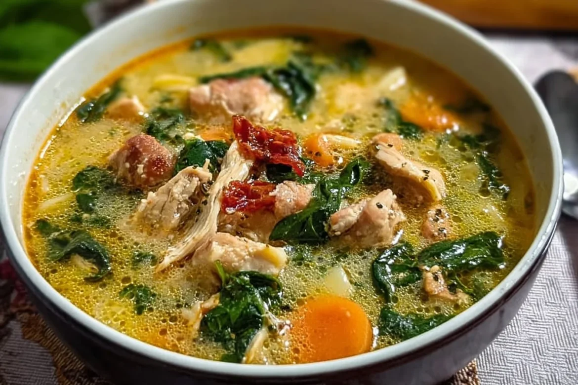 Bowl of tasty Marry Me Chicken soup with fresh spinach ingredients