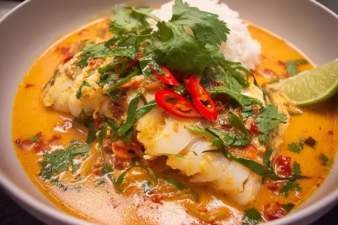 Thai Red Curry poached fish dish with vibrant colors and fresh ingredients