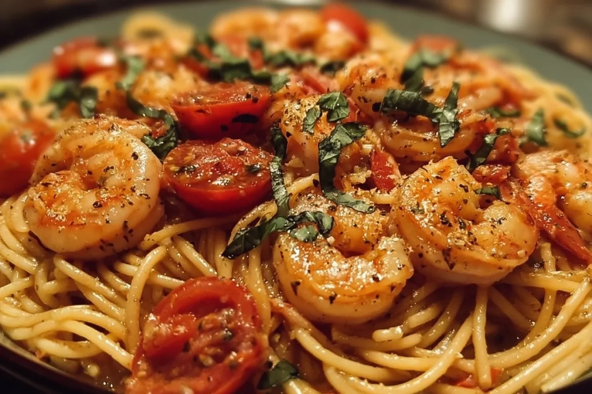 Delicious Tomato Basil Shrimp Pasta served in a bowl with fresh herbs