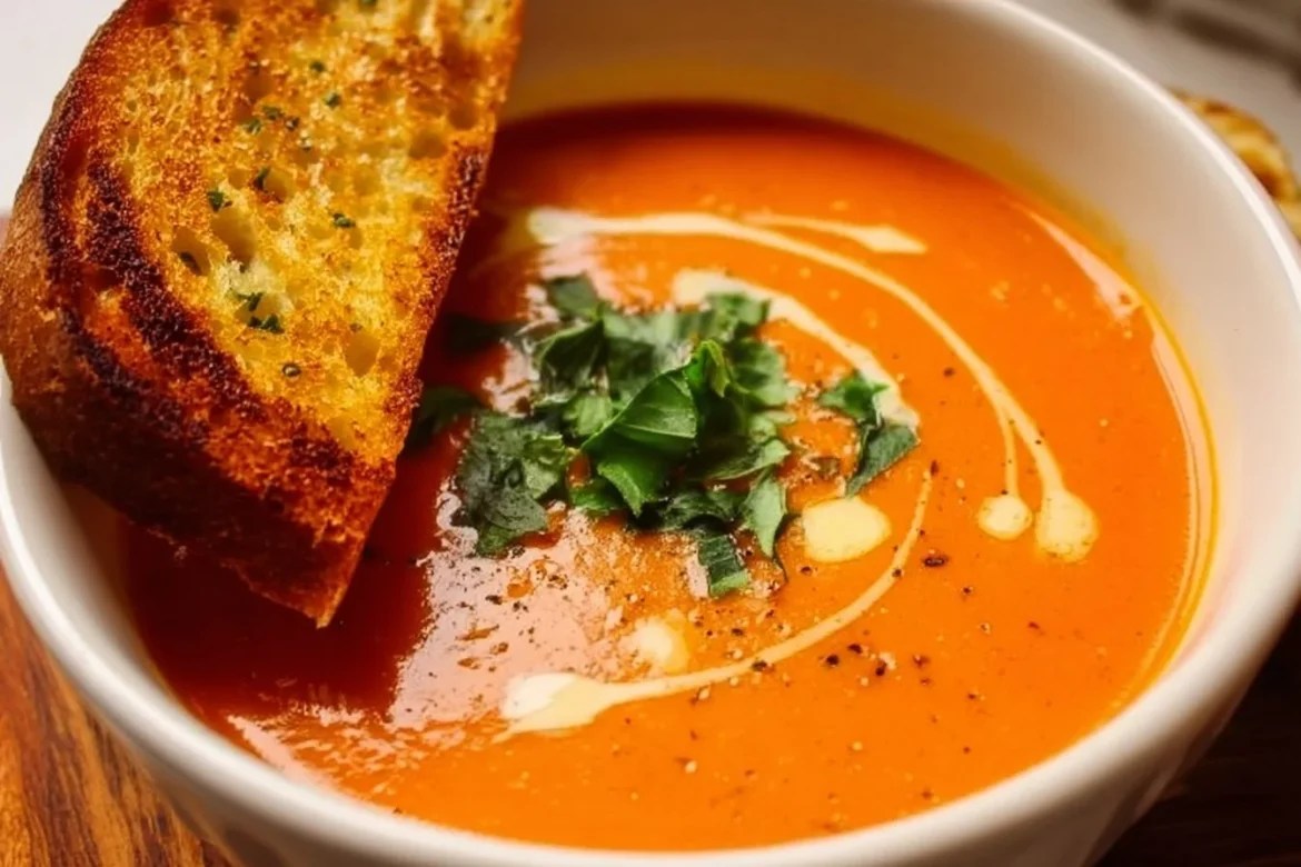 A bowl of creamy Tomato Bisque soup garnished with fresh herbs.