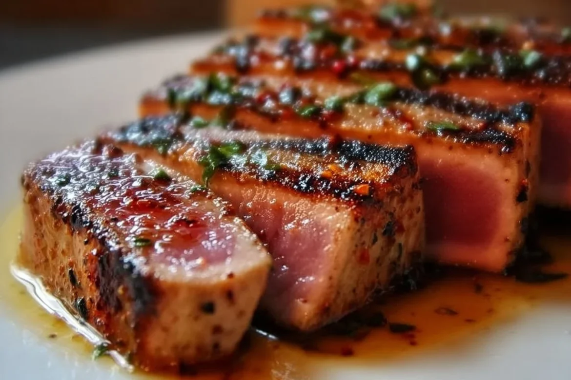 Tuna steak marinated and ready for grilling, showcasing vibrant colors and texture.