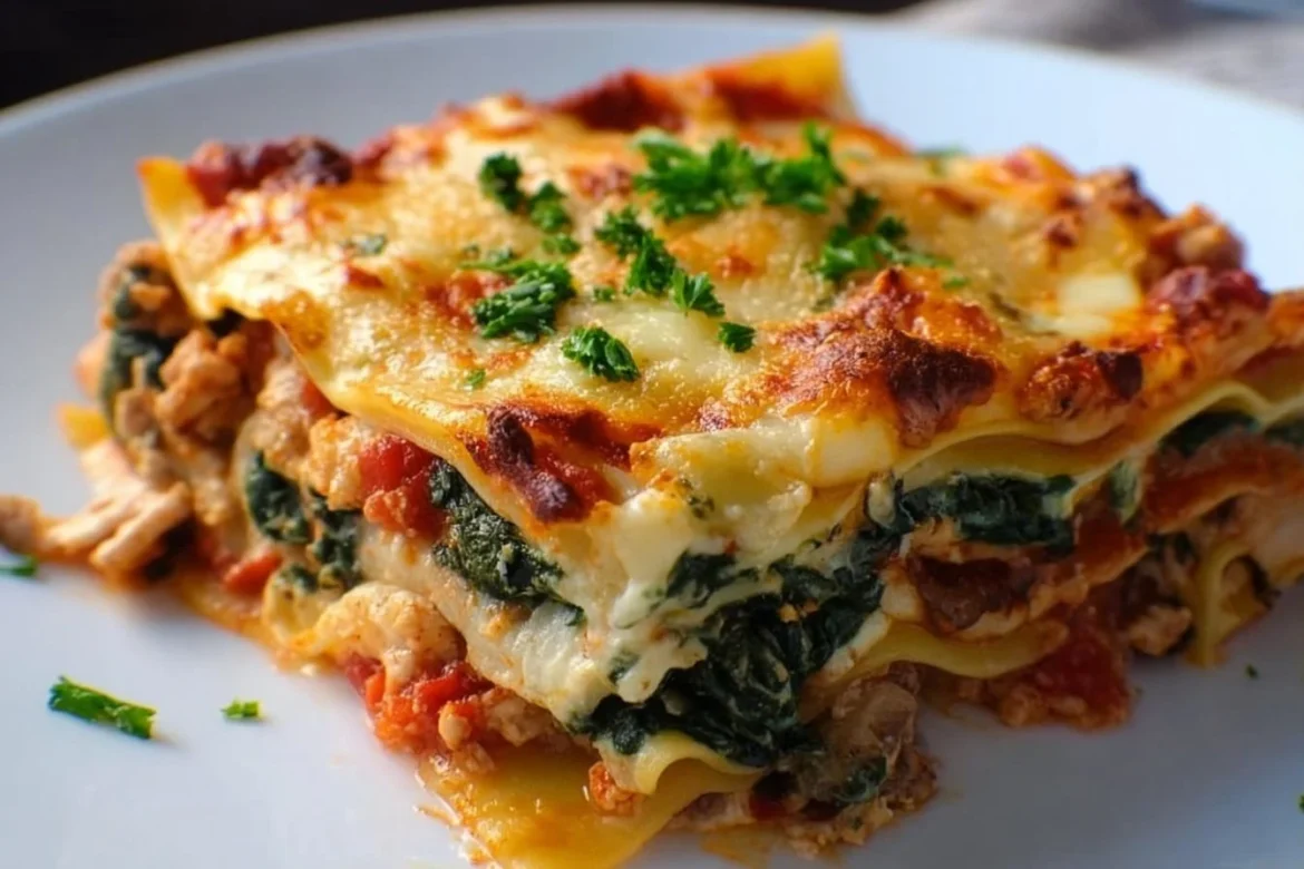 Delicious Turkey Spinach Lasagna baked to perfection with layers of flavor