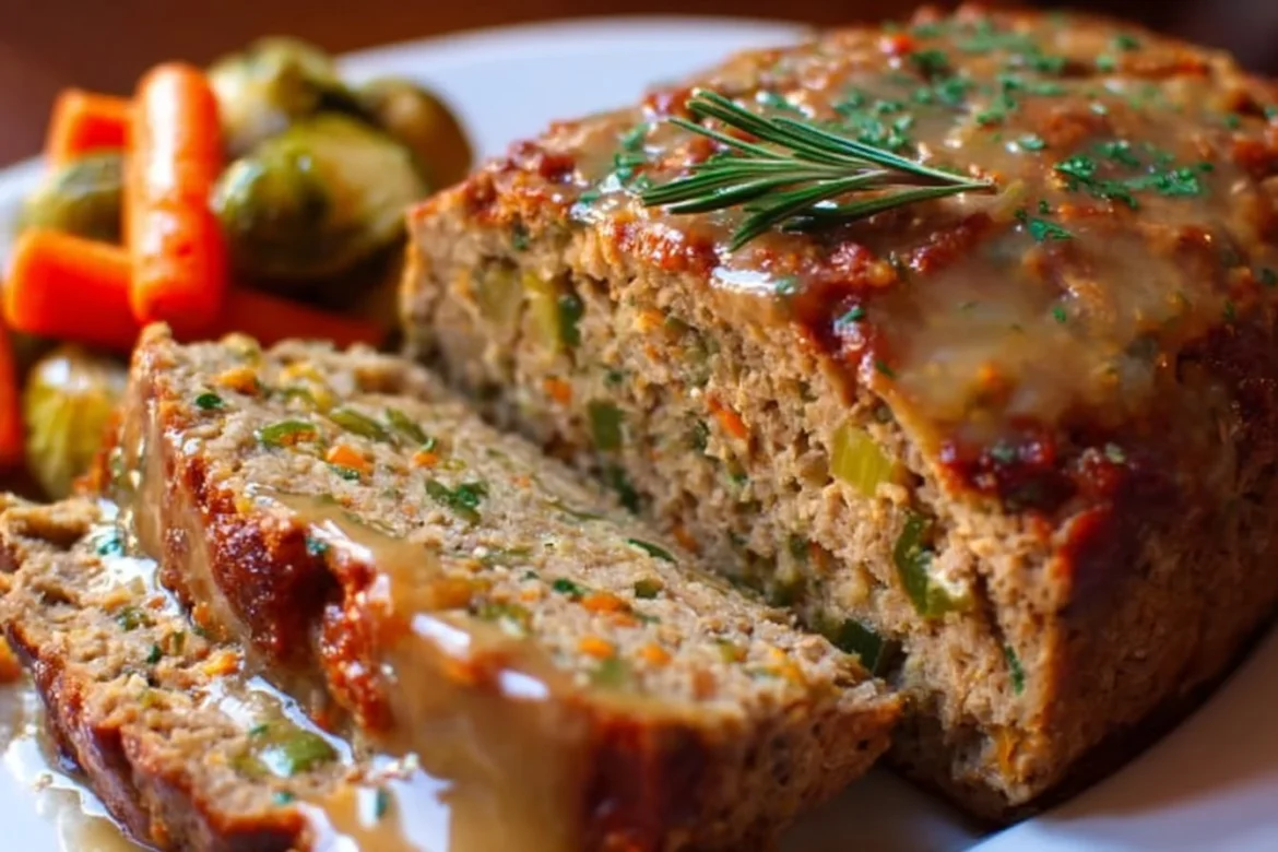 Turkey Stuffing Meatloaf served on a plate with garnish